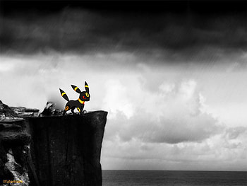 Umbreon on a Cliff, sea, white, black, umbreon, dark, cliff, pokemon, ocean, cloud HD wallpaper