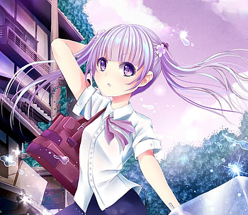 Little girl, anime girl, purple, schoo uniform, purple hair, anime, girl, school HD wallpaper