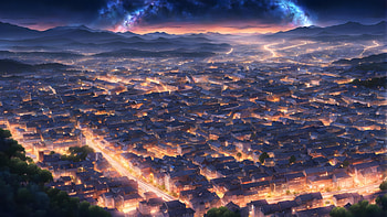 Anime Cityscape — Luminous Night Valley (AI Digital Art ), anime landscape, landscape, Digital Art, AI Art, Anime HD wallpaper