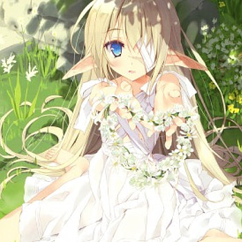 White Flower, blond hair, emotional, awesome, blonde, sit, bandages, nice, sitting, cg, flower, blonde hair, female, blossom, sweet, blue eyes, eyepatch, girl, grass, elf, anime girl, anime, pretty, ears, lovely, feild, dress, long hair, beauty, , blond, beautiful, sorrow, sad, gown HD wallpaper