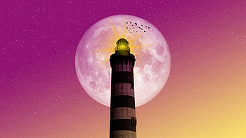 Moon Lighthouse Birds Pink Yellow Sky, artist, artwork, digital-art HD wallpaper