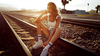 Girl Posing On Train Tracks, girls, model, hoot HD wallpaper