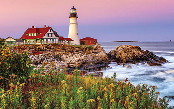 Maine Lighthouse, sea, coast, blossoms, sky, flowers, rocks, sunset, usa HD wallpaper