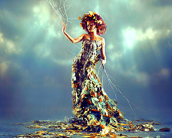 Tree woman, model, leaves, sky, dress, woman, twigs, artistic HD wallpaper
