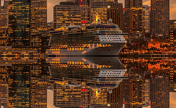White cruiser ship, Cityscape backdrop, Urban voyage, Ship symbol HD wallpaper