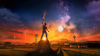 Sunset Sentinel — Boy on Hill, Artistic Landscape ( Quad ), landscape, boy, artistic, sunset HD wallpaper