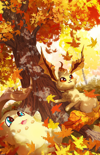 Autumn Leafeon, Chikorita art print HD phone wallpaper
