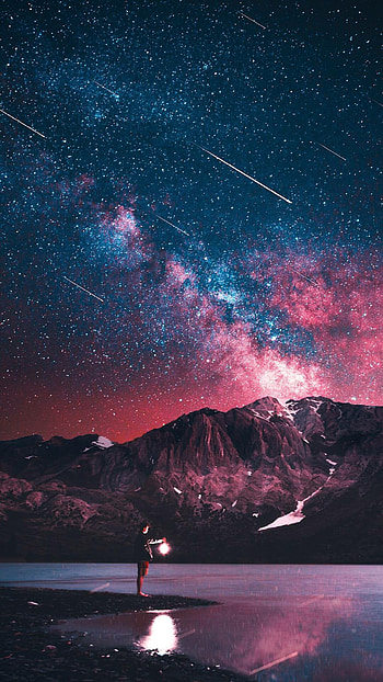 Starry night sky, Shooting meteors, Man's silhouette HD phone wallpaper