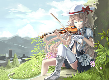 Shiokonbu, skirt, ribbons, gloves, grass, long hair, dress, instrument, original, brown hair, flowers, sky, green eyes, boots, hat HD wallpaper