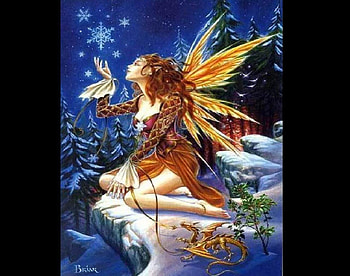Fairy And Snowflakes, fairy, snowflakes, woods, snow, dragon HD wallpaper