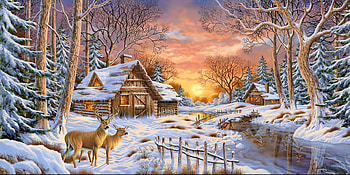 Winter fairytale, wooden, winter, fairytale, creek, art, house, painting, snow, bridge, couple, wonderland, cottage, deers, countryside, village, sunset HD wallpaper