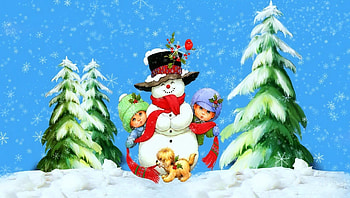 Winter fun, sweet, winter, children, fun, cute, beautiful, tree, snowman, puppy, snowflakes, pretty, snowfall, snow, christmas, adorable, joy HD wallpaper