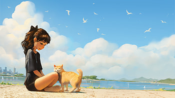 Cat And Anime Girl Enjoying A Sunny Beach Day, anime-girl, anime, cat, artist, artwork, digital-art HD wallpaper