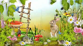 In The Meadow, frog, flowers, spring, mushrooms, rabbit, bird bath, butterflies, summer, bunny, leaves, mouse HD wallpaper