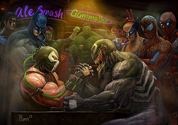 Venom Vs Bane Arm Wrestling, venom, bane, green-lantern, deadpool, batman, hulk, spiderman, wolverine, superheroes, artist, artwork, digital-art HD wallpaper