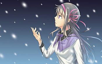 Homura Akemi, snowfall, The Puella Magi, manga, protagonist, minimalism, Akemi Homura, Homura Akemi Puella Magi HD wallpaper