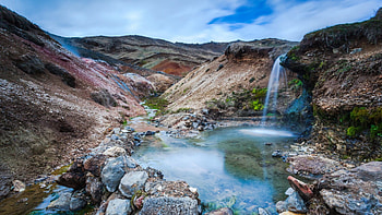 lovely creek between hills, falls, creek, hills, rocks HD wallpaper