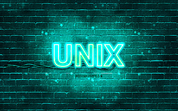 Unix turquoise logo, , turquoise brickwall, Unix logo, operating systems, Unix neon logo, Unix HD wallpaper