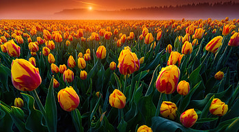Tulips field at sunset, summer, field, flowers, beautiful, sky, tulips, sunset, fiery HD wallpaper