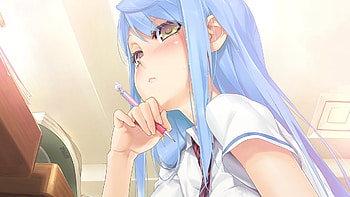 Class room, Sawatari Shizuku, Bishoujo Mangekyou, blue hair HD wallpaper