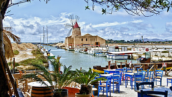 restaurant overlooking sicilian windmill r, restaurant, windmill, boats, r, harbor HD wallpaper