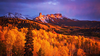 San Juan Mountains, Colorado, fall, clouds, landscape, autumn, larches, colors, sky, rocks, usa HD wallpaper