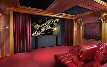 Room red interior, Movie theater sofa, Stage hall theatre HD wallpaper
