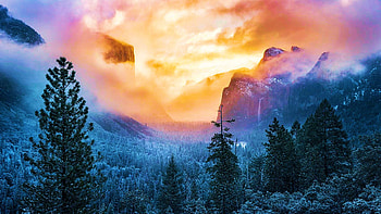 Winter Sunrise in Yosemite Valley, mountains, california, trees, colors, clouds, sky, usa HD wallpaper