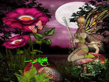Fairy, wand, abstract, moon, fantasy, flowers, frog, tree HD wallpaper