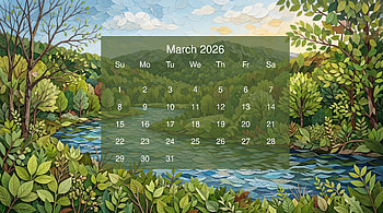 March 2026 Calendar — Spring River, March 2026 Calendar HD wallpaper
