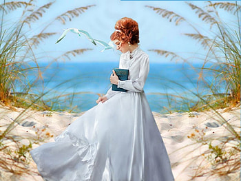 Delicate Redhead, sand, brown, tan, red, girl, redhead, blue, sea, soft, beautiful HD wallpaper