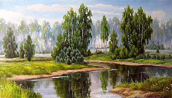 Elena Samara. Summer, river, painting, elena samara, art, nature, grass, tree HD wallpaper