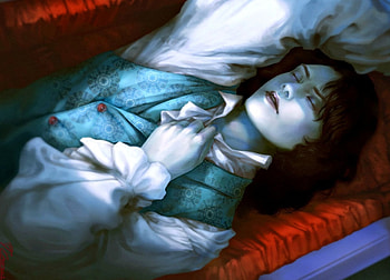 Vampire, blue, white, art, man, dtjun, fantasy, red, signed, guy HD wallpaper