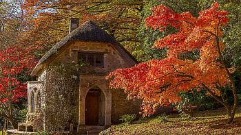 Stourhead Garden, Wiltshire, England, colors, trees, leaves, house HD wallpaper