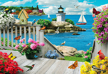 Seacoast Serenity, artwork, butterflies, digital, lighthouse, birds, flowers, sailboat, rocks HD wallpaper