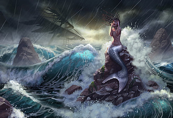 The keening merrow, sea, ship, sirena, mermaid, rain, ain, girl, rock, summer, fantasy, saraforlenza, luminos, water, storm HD wallpaper
