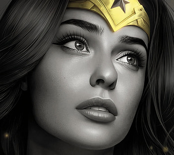 Wonder Woman, golden, white, black, frumusete, art, bw, fantasy, comics, warren louw, face, luminos HD wallpaper