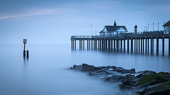 beautiful pier in a misty sea, mist, sea, shore, pier, rocks HD wallpaper