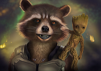 Rocket And Baby Groot Artwork, rocket-raccoon, baby-groot, artwork, deviantart, artist HD wallpaper