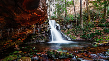 Icy Grotto, Pennsylvania, river, icicles, trees, rocks, forest, usa, stones, pond, landscape HD wallpaper