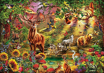 Magic Forest, derr, elk, jigsaw, bear, puzzle HD wallpaper