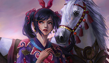 Fantasy girl, blue, white, horse, frumusete, art, gorgeous, girl, cal, superb, fantasy, red, luminos, uc0235c88 HD wallpaper