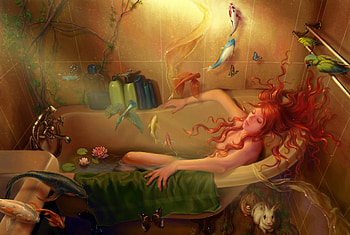 Emilia, pesti, art, bath, fantasy, girl, redhead, fish HD wallpaper