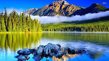 que lake and mountain, Rocks, Blue sky, Forest, Trees, Lake, Mountain HD wallpaper