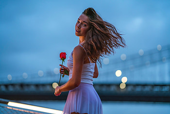 Girl Holding Rose Looking Back , girls, model, rose HD wallpaper
