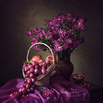 Still life in purple, Flowers, Still life, Fruits, Bouquet HD wallpaper