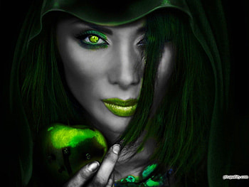 .Magic Green Witch., covered, black, poison, magic green witch, charm, lady, emo, lips, makeup, mood, green apple, eyes, cruel, girl, beautiful, woman, fantasy, face HD wallpaper