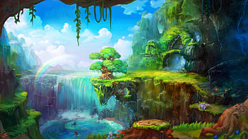 Wonderland, waterfalls, rainbow, art, place HD wallpaper
