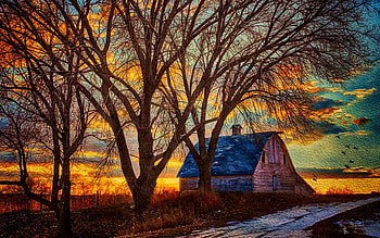 The Day's Last Kiss - Sarpy County, Nebraska, barn, painting, snow, clouds, colors, trees, road, sky, artwork HD wallpaper