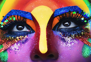 Eyes, blue, makeup, colorful, renam christofoletti, woman, purple, pink, rainbow, green, yellow, red HD wallpaper